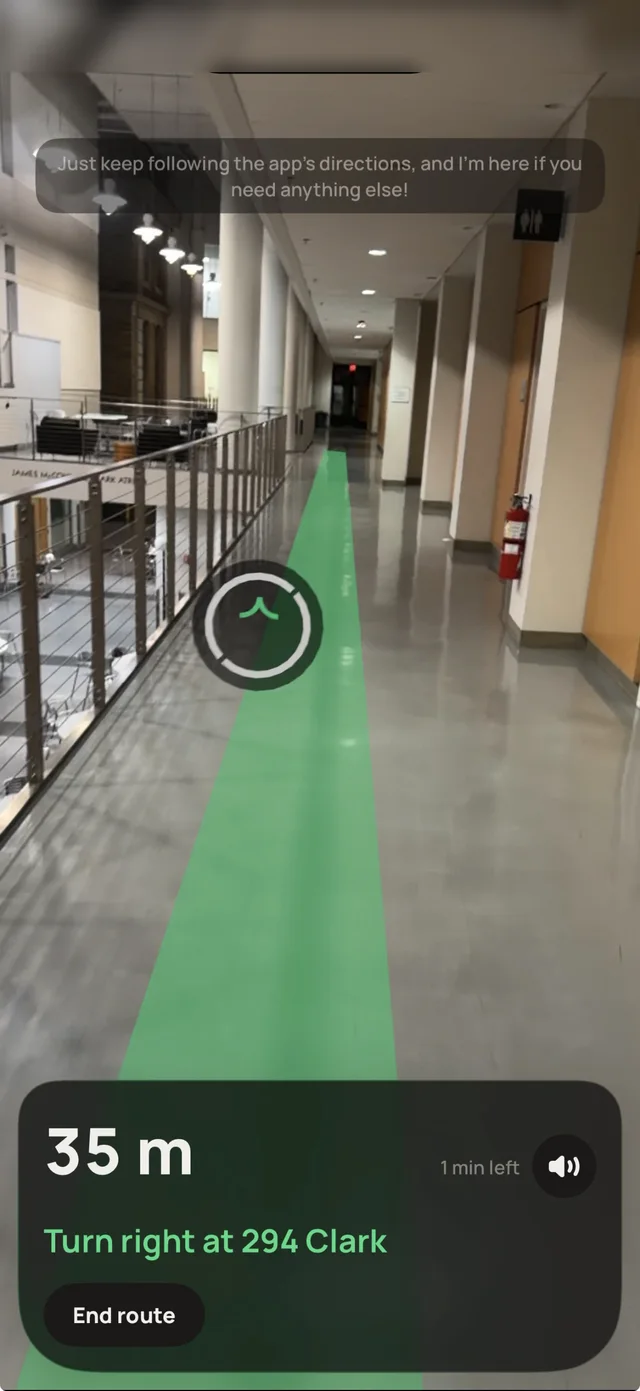 Route Ribbon view: a green trail on the corridor floor, 35 m, turn right at 294 Clark